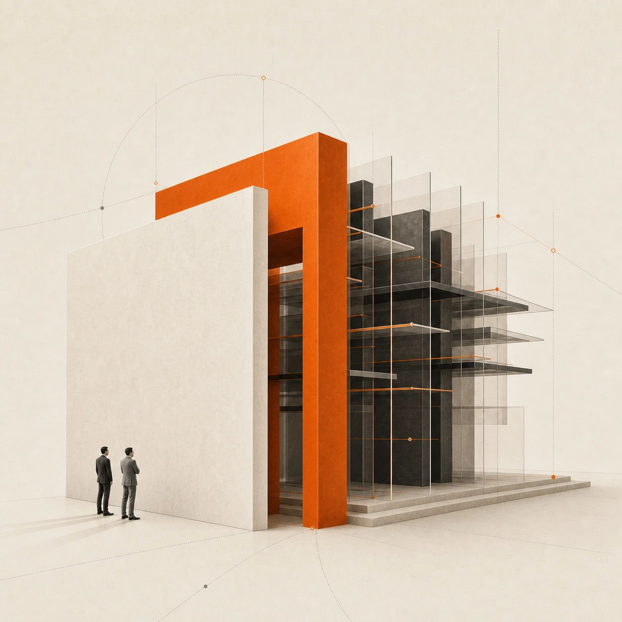Simple surface of the partner brand in front with Noviuz infrastructure organized behind